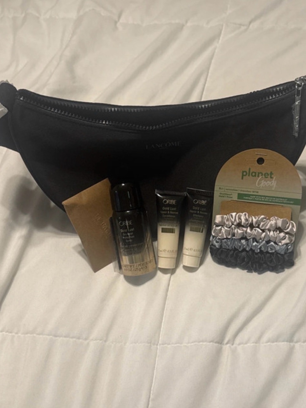 Lancôme Black Crossbody with Hair Scrunchies & Travel Hair Care